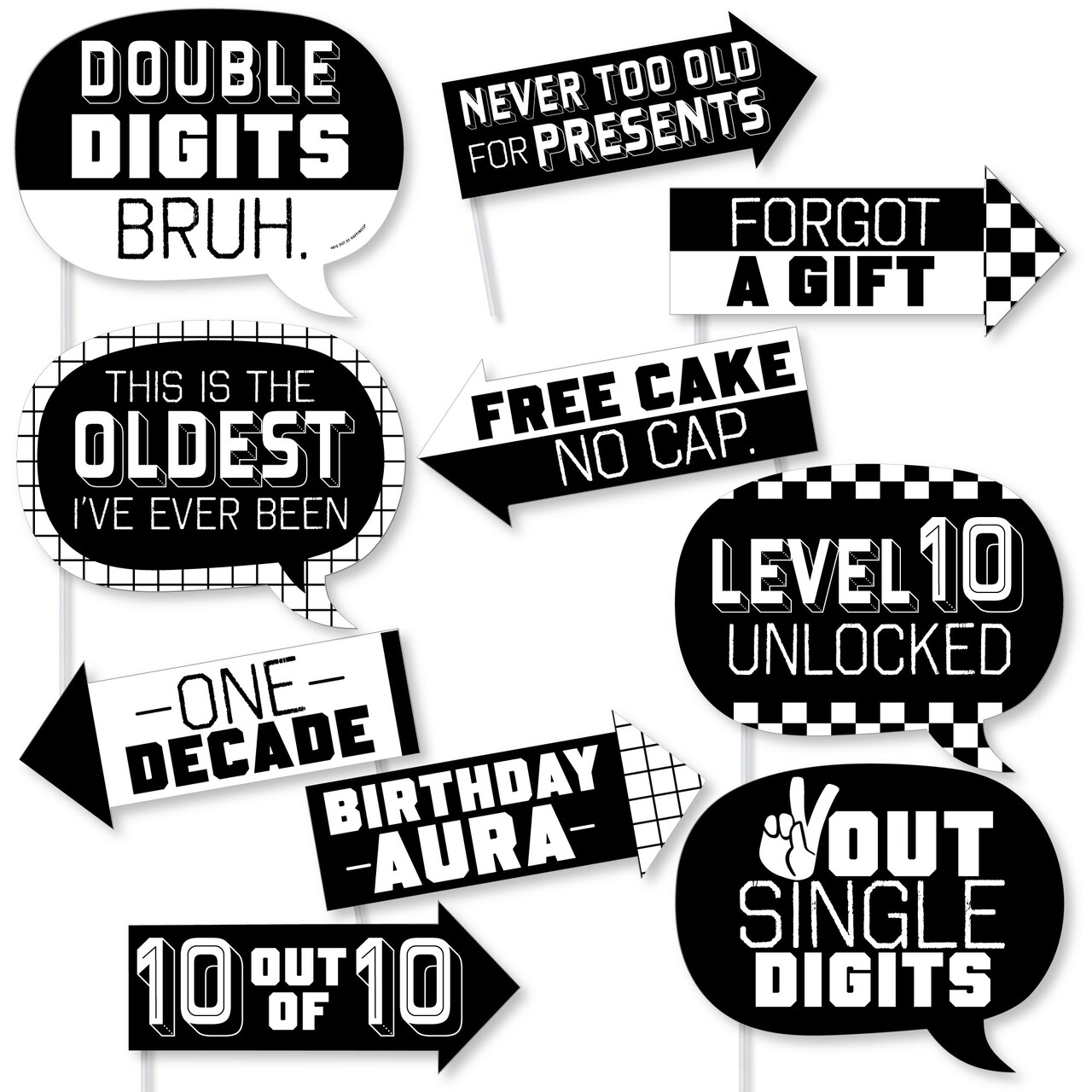 Big Dot of Happiness Funny 10th Birthday Bruh Photo Booth Props Kit, Double Digits-Themed Sayings, Boy Birthday Supplies - 10 Count Selfie Prop Sticks